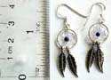 Blue beaded web shape design sterling silver earring with double silver leaf pattern hanging down on bottom