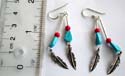 Double red and blue beaded string sterling silver earring holding a silver leaf shape pattern on bottom