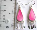 Sterling silver earring with a long water-drop shape pink mother of pearl seashell inlay and multi silver dangles hanging on bottom