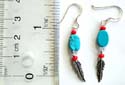 Sterling silver earring with 2 mini red beads and 1 oval shape blue turquoise bead holding a silver leaf pattern on bottom