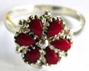 Sterling silver ring with 6 water-drop shape red carnelian stone embedded flower pattern decor at center