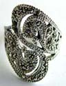 Sterling silver ring with multi marcasite stone embedded carved-out pattern decor at center