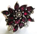 Multi red garnet stone marcasite stone forming grape leaf pattern decor 925. sterling silver ring