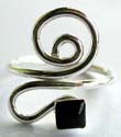 Sterling silver toering with curvy spiral pattern design holding a mini square shape black bead at center