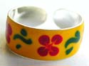Sterling silver toering in enamel yellow color with red flower green leaf pattern decor 