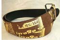 Brown imitation leather belt with multi golden sand phrases decor along