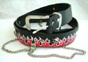 Black imitation leather belt with silvery skull on red fire pattern design and a loop chain hook up decor