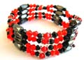 Fashion hematite bracelet with multi diamond shape dark red rhinestones and faceted cylinder shape magnetic hematite beads inlaid, one string forming