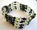 One string forming fashion hematite bracelet with multi diamond shape green rhinestones and faceted cylinder shape magnetic hematite beads inlaid