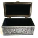 Floral pattern decor rectangular fashio pewter jewelry box with blue velvet liner to gently hold your precious jewelry