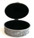 Elliptical fashion pewter jewelry box with carved-in flower pattern decor has a blue velvet liner to gently hold your precious jewelry 
