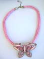 Fashion necklace with multi strings flat butterfly and ice pink cat eyes embedded design 
