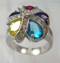 Ruby, yellow, purple, aqua and sapphire-blue cz embedded flower pattern design ring with clear cz bands border, brass base, rhodium plated 