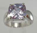 Cz ring in princess cut lavender cz set in middle design, plated with rhodium, brass base