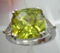 Fashion ring, lime green cz stone in centre and two triangle clear cz stone beside, brass base, plated with rhodium