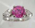 Rounded pink cz ring and water-drop clear cz stone beside, rhodium plated, brass base 