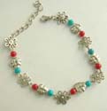 Fashion bracelet in combination of imitation coral / turquoise beads and flower / leaf shape pattern beads, lobster claw clasp