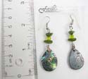 Fashion fish hook earring with 2 green and 1 light green beads on top and water-drop shape abalone seashell dangle hanging on bottom