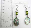 Fashion fish hook earring with triple green beaded strip holding an oval abalone seashell on bottom