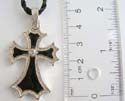 Black twisted cord string fashion necklace holding black enamel cross pendant at center
