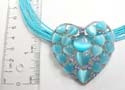 Fashion necklace with multi blue strings with heart shape blue cat eyes embedded heart shape pendant. Lobster claw clasp
