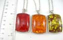 Fashion silver plated necklace with lobster clasp holding rectangular shape imitation amber pendant at center. Assorted color randomly pick