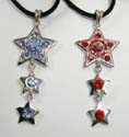 Fashion star necklace with black thick cord string, silver extension chain and lobster clasp, cut-out star with multi cz stone embedded holding 2 small stars with rounded cz inlaid. Randomly pick