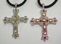 Fashion cross necklace with multi mini cz / iridescent crystal beads embedded, black thick cord string and silver chain extension with lobster clasp. Assorted color randomly pick