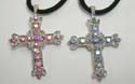 Fashion cross necklace with multi mini cz / iridescent crystal beads embedded, black thick cord string and silver chain extension with lobster clasp. Assorted color randomly pick