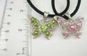 Fashion assorted color enamel butterfly pendant necklace with iridescent cz crystal embedded. Black thick cord string and lobster clasp. Assorted color randomly pick