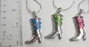 Fashion necklace with silver plated chain holding high heel boot pendant with multi synthetic stone embedded