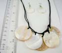 Fashion seashell jewelry set. Double black strings necklace holding 5 big circular seashell dangling paired with same design fish hook earring 