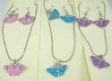 Fashion necklace and earring set. Silver plated necklace holding solid enamel butterfly pendant with spring ring clasp paired with same design fish hook earring
