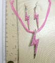 Fashion necklace and earring set. Multi pink strings necklace holding a thunder shape pendant with mini clear cz embedded, match fish hook earring in same design. Lobster claw clasp
