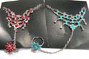 Fashion slave bracelet with multi oval and triangular shape turquoise / coral imitation beads embedded and multi silvery water-drop pattern decor