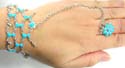 Fashion slave bracelet with multi oval and triangular shape turquoise / coral imitation beads embedded and multi silvery water-drop pattern decor