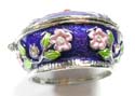 Enamel jewelry box with 5 pinky flower forming a big flower pattern in purple color and mini pink flower inlaid around, magnet lock design