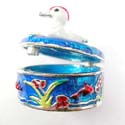 Enamel jewelry box motif a white duck on the lid with red flower and grass inlaid around, enamel in blue color
