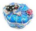 Enamel jewelry box motif a black frog catching a red bug on porcelain leaf, enamel in blue color