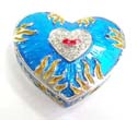 Heart shape enamel jewelry box with double heart and fire pattern inlaid, enamel in blue color, magnetic lock design