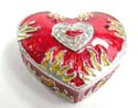 Heart shape enamel jewelry box with double heart and fire pattern inlaid, enamel in red color