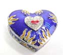 Heart shape enamel jewelry box with double heart and fire pattern inlaid, enamel in purple color, magnetic lock design
