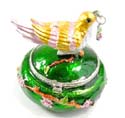 Enamel green jewelry box motif bird figure standed on tree stick holing a cz cherry in a mouth with enamel in gold and pink color
