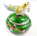 Enamel green jewelry box motif bird figure standed on tree stick holing a cz cherry in a mouth with enamel in gold and blue color