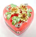 Enamel heart shape jewelry box motif floral garden on lid, enamel in red color