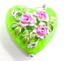 Enamel heart shape jewelry box motif floral garden on lid, enamel in light green color