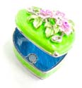 Enamel heart shape jewelry box motif floral garden on lid, enamel in light green color