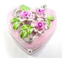 Enamel heart shape jewelry box motif floral garden on lid, enamel in baby pink color