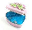 Enamel heart shape jewelry box motif floral garden on lid, enamel in baby pink color