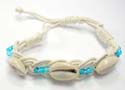 White hemp string fashion bracelet with mini blue seed beads and triple seashell inlaid
